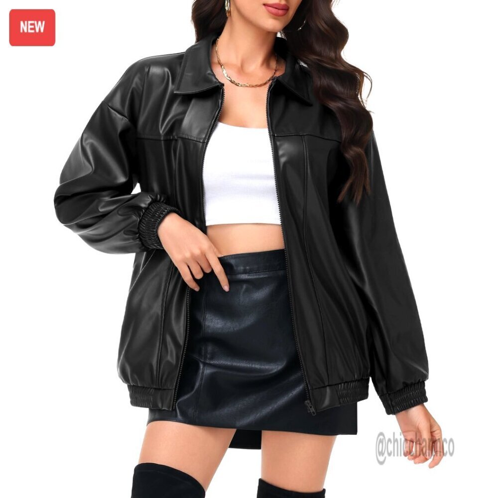 Oversized Faux Leather Motorcycle Jacket Zip Front Long Sleeve